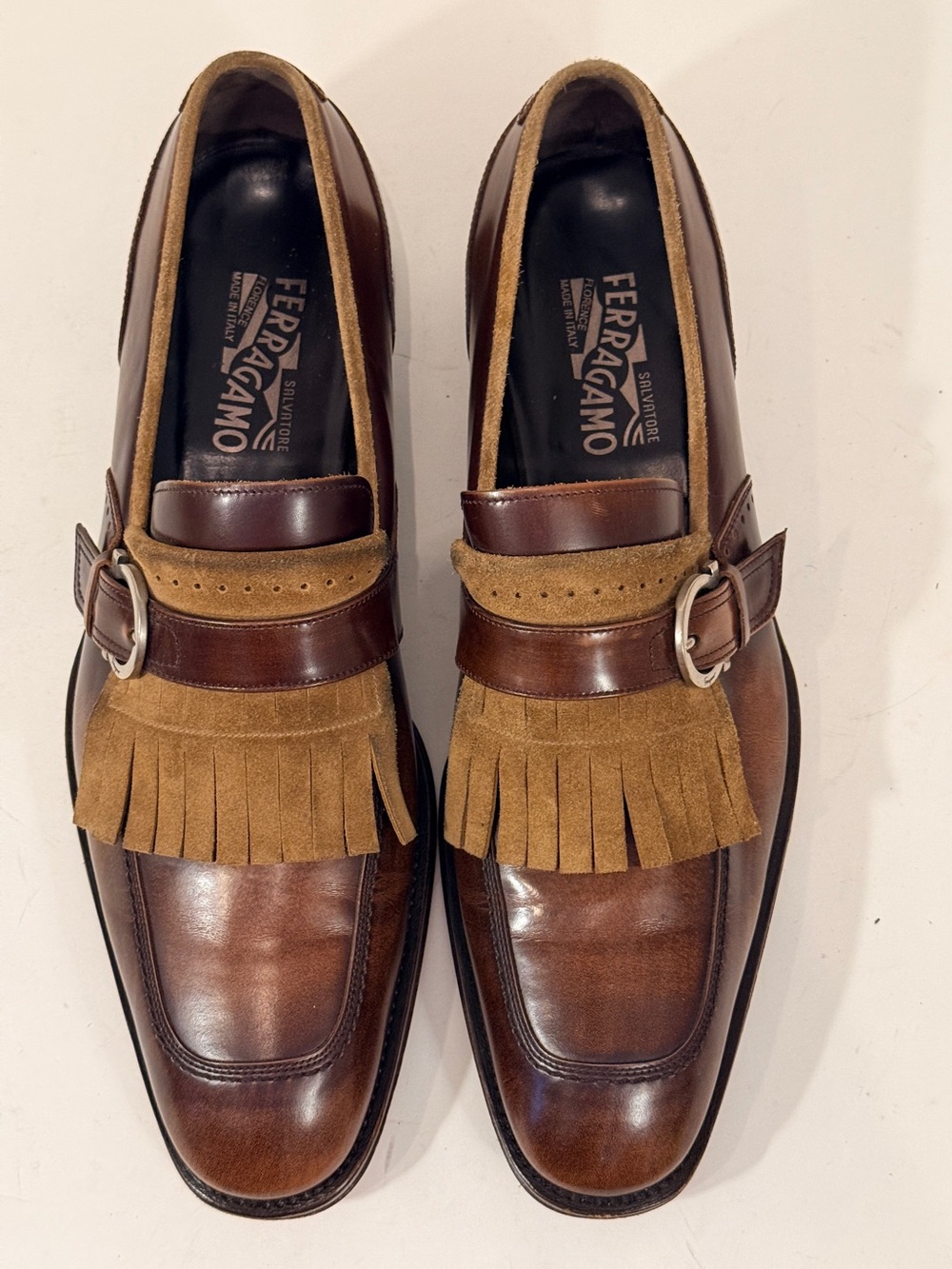 Salvatore Ferragamo Men’s 12 D Brown Leather Suede Kiltie Buckle Loafers Italy